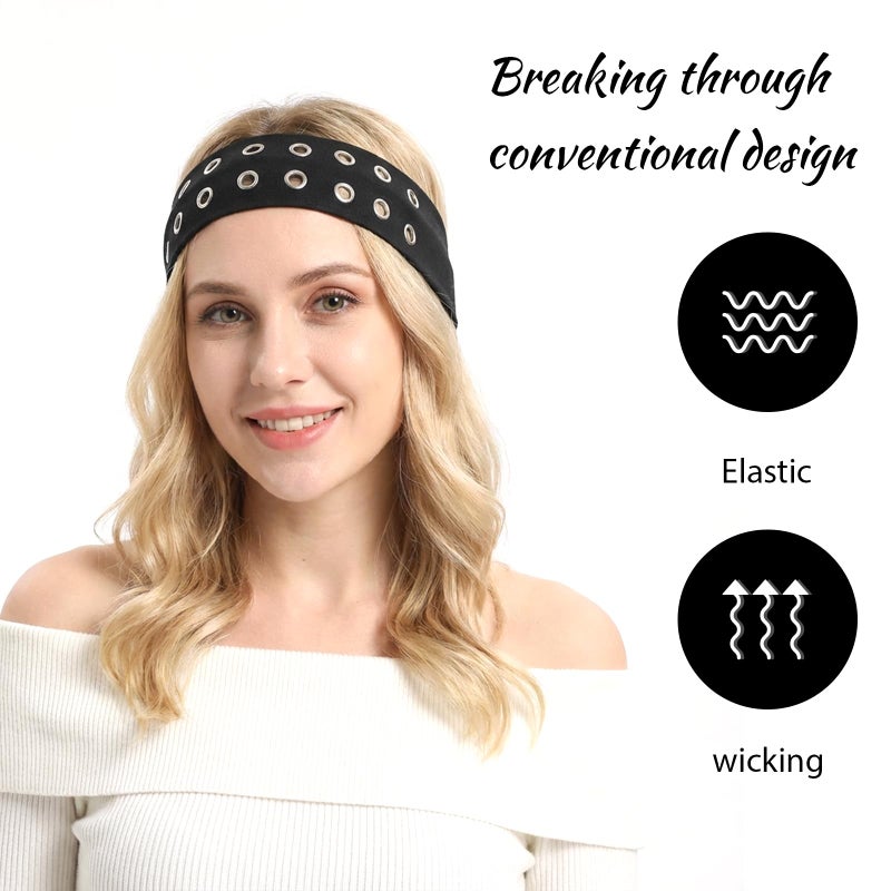 Sibba 2Pcs Black Grommet Headband Y2k Punk Grunge Eyelet Hairband, Elastic Goth Hair Accessories for Women, Stretchy Wide Headband with Holes for Emo and Rock Style - Image 3